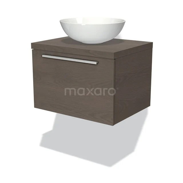 Hängendes Badezimmermöbel aus dunklem Holz mit weißem Aufsatzwaschbecken, schlichtes Design und integrierter Schublade für modernes Badezimmerinterieur.