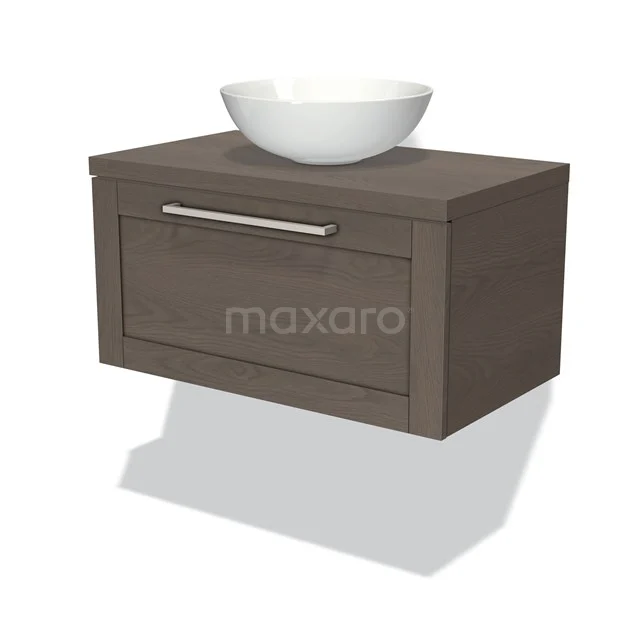 Wooden hanging bathroom unit with drawers, dark brown, including modern top-mounted basin in white ceramic.