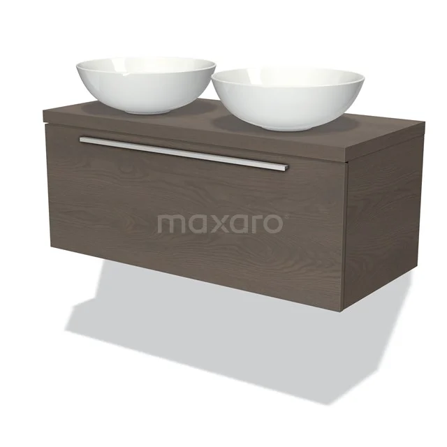 Waschtisch Holzoptik mit doppelten weißen Aufsatzwaschbecken, modernes Design, ideal für eine stilvolle Badezimmer Einrichtung.