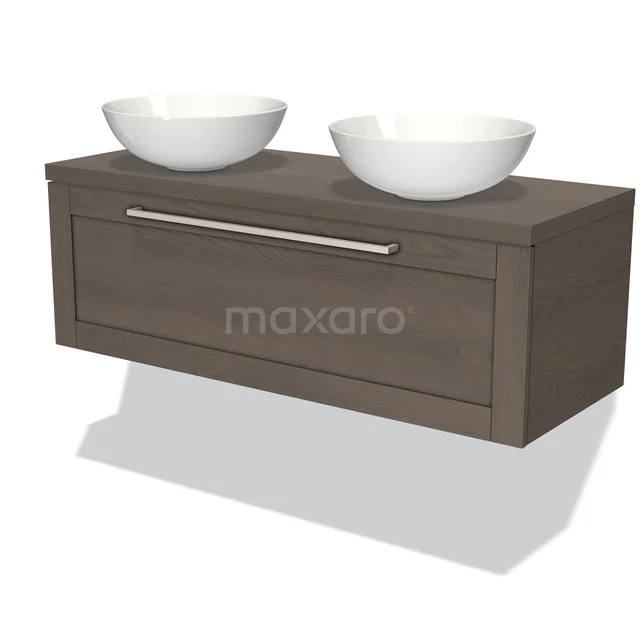 Holz-Badmöbel mit zwei weißen Aufsatzwaschbecken, hängendes Design, moderne Ausstrahlung und geräumiger Schublade.