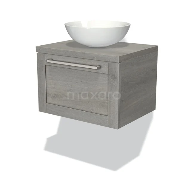 Wooden bathroom unit grey with one drawer, white round vanity units for countertop wash basin on top, modern design for stylish bathrooms.