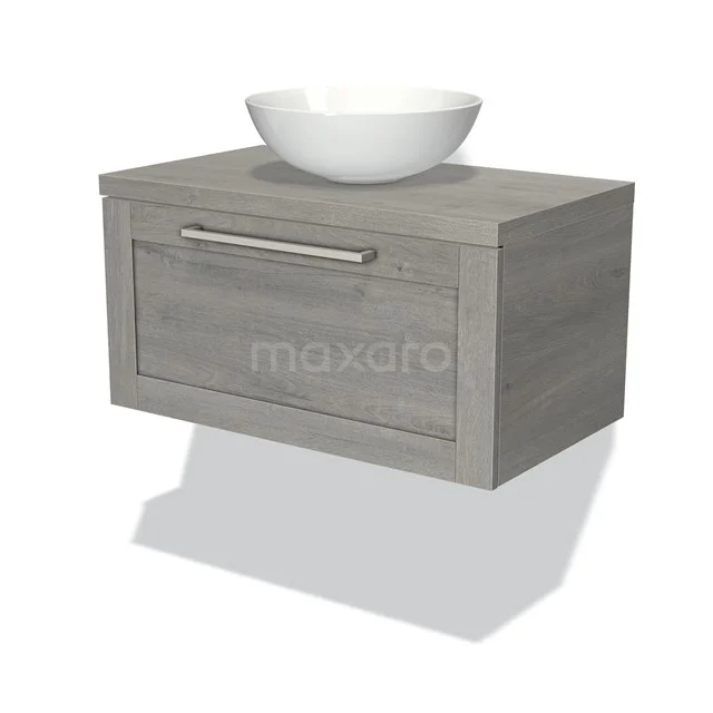 Grauer Holz-Badschrank mit modernem Aussehen, einschließlich weißem Aufsatzwaschbecken, ideal für eine stilvolle Badezimmergestaltung.