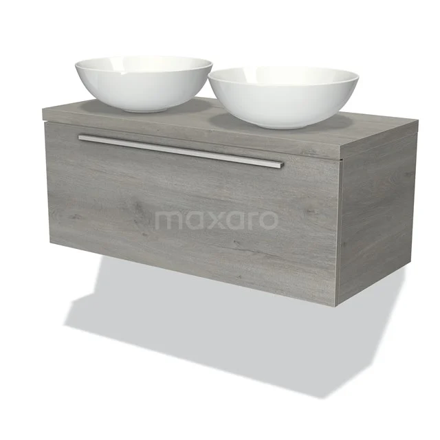 Hölzernes Badezimmermöbel Grau mit weißem doppelten Aufsatzwaschbecken; modernes Design, praktisch und stilvoll für jedes Badezimmer.