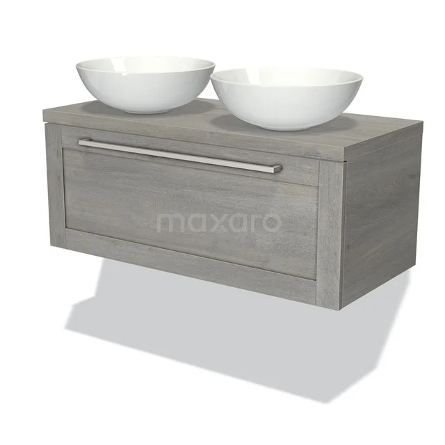 Graues Holz Badezimmermöbel mit zwei weißen Aufsatzwaschbecken, modernes Design und integrierter Haltegriff, ideal für jedes Badezimmer.
