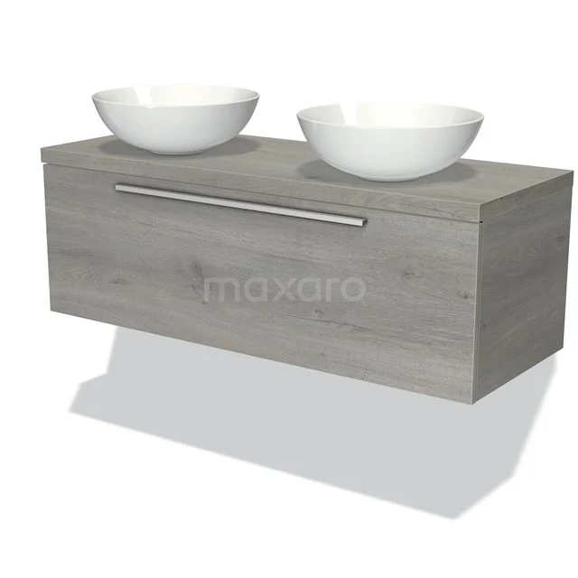Modulo Plato Vanity units for countertop basin | 120 cm Grey oak Flat front Grey oak worktop 1 drawer BMK11-00119 Grey wooden bathroom unit with vanity units with basin, modern design, integrated handle and hanging model.