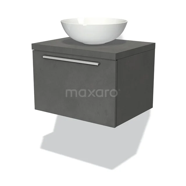 Graues hängendes Badezimmermöbel mit Betonlook, integrierter Haltegriff und weißem Aufsatzwaschbecken für einen modernen Badezimmerstil.