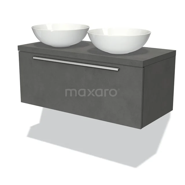 Graue hängende Badmöbelset mit zwei weißen runden Aufsatzwaschbecken, Betonlook-Oberfläche und verchromtem Haltegriff.