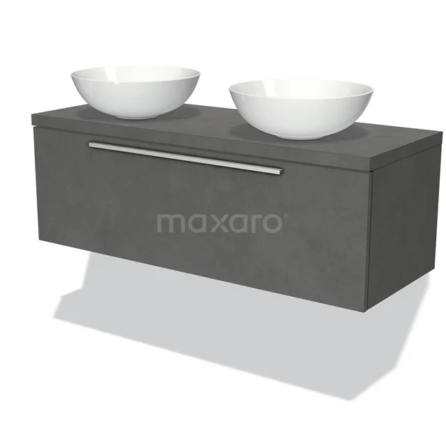 Anthracite hanging bathroom unit with double ceramic countertop wash basins and soft-close drawers, modern design.