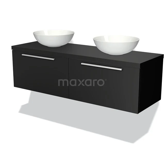 Modulo Plato Badmöbel mit Aufsatzwaschbecken | 140 cm Matt Schwarz Flach front Matt Schwarz blatt 2 nebeneinanderliegende Schubladen BMK12-00023 Schwarzes Holz-Badmöbel mit zwei weißen Aufsatzwaschbecken und eleganten metallischen Haltegriffen, modernes Design für luxuriöse Bäder.