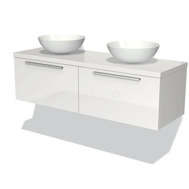 Modulo Plato Badmöbel mit Aufsatzwaschbecken | 140 cm Hochglanz Weiß Flach front Hochglanz Weiß blatt 2 nebeneinanderliegende Schubladen BMK12-00026 Schwebendes weißes Badmöbel mit doppeltem Aufsatzwaschbecken, modernes Design und glänzender Oberfläche.