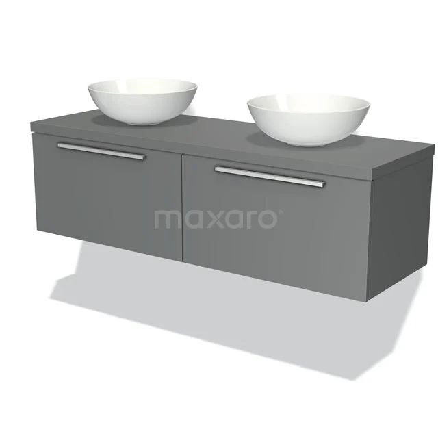 Graues Doppelwaschbeckenmöbel mit zwei weißen, schalenförmigen Waschbecken, modernes Design, ideal für stilvolle Bäder.