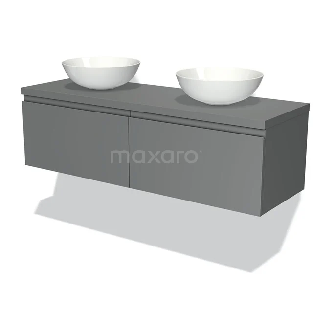 Graues schwebendes Badezimmermöbel mit doppelten weißen Aufsatzwaschbecken, modernes Design aus nachhaltigem Holzmaterial.