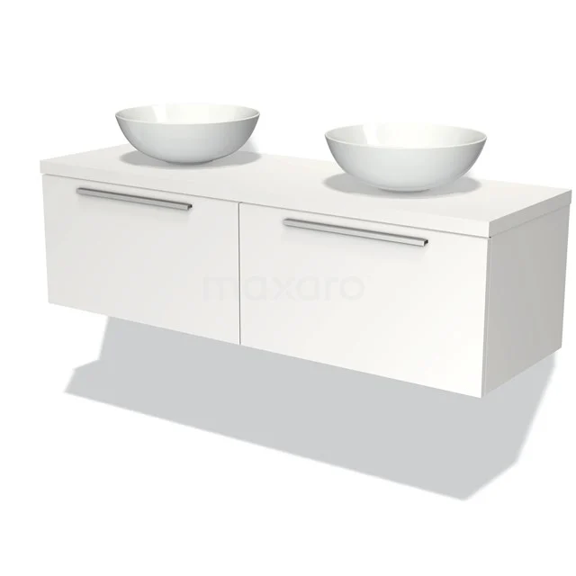 Weißes, hängendes Badezimmermöbel mit zwei Aufsatzwaschbecken und chromfarbenen Griffen; modernes Design geeignet für Doppelwaschbecken-Anordnung.