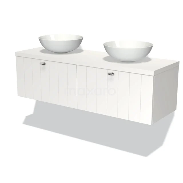 Modulo Plato Vanity units for countertop basin | 140 cm Matte white Slat front Matte white worktop 2 Side-by-side drawers BMK12-00033 White bathroom unit with double countertop wash basin, horizontal rib structure, hanging design, ideal for modern bathroom styles.