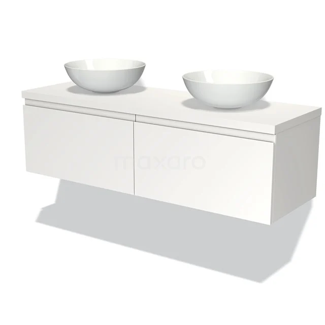 Badmöbel mit Konsole 140cm Modulo Plato Matt Weiß 2 Schubladen Grifflos BMK12-00034 Weißes Badezimmermöbel mit zwei runden Aufsatzwaschbecken, modernes Wandmodell, aus hochwertigem Material für einen klaren Badezimmerstil.