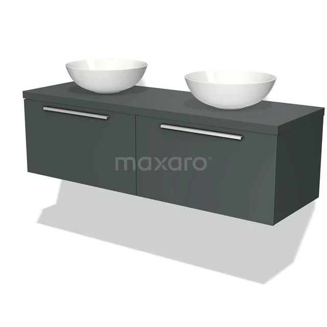 Badmöbelunterschrank mit Konsole 140cm Modulo Plato Dunkelgrau 2 Schubladen Flach BMK12-00035 Dunkelgraue Badmöbelset mit zwei runden Waschbecken, zeitgenössisches Design und praktischer Stauraum für ein modernes Badezimmer.