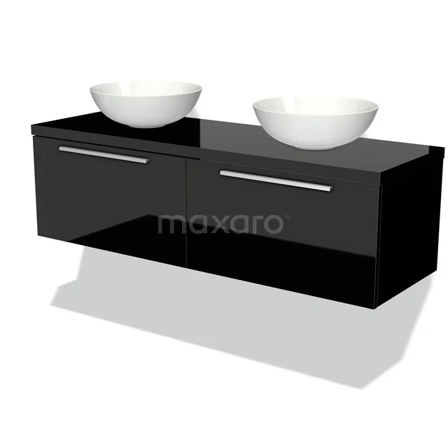 Schwarzes schwebendes Waschtischmöbel mit Hochglanzoberfläche und doppelten weißen Aufsatzwaschbecken, ideal für moderne Bäder.