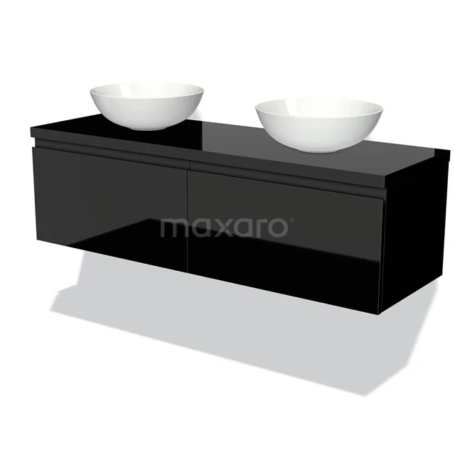 Waschtischunterschrank mit Konsole 140cm Modulo Plato Hochglanz Schwarz 2 Schubladen Grifflos BMK12-00040 Schwarzes hängendes Badmöbel mit zwei weißen runden Aufsatzwaschbecken, Hochglanz-Finish, ideal für einen modernen Badezimmerstil.