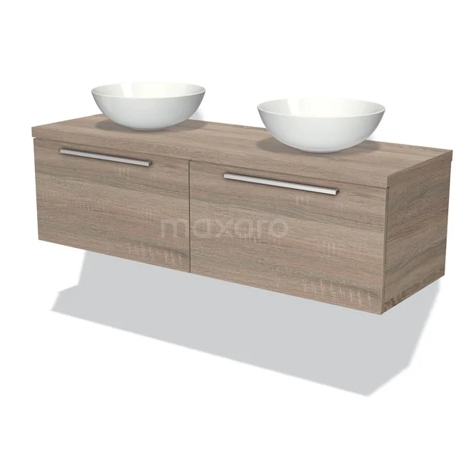 Modulo Plato Badmöbel mit Aufsatzwaschbecken | 140 cm Eiche Flach front Eiche blatt 2 nebeneinanderliegende Schubladen BMK12-00041 Holz Badmöbel mit zwei weißen Aufsatzwaschbecken, modernes Design, hängendes Modell, geeignet für eine stilvolle Badezimmerinrichtung.