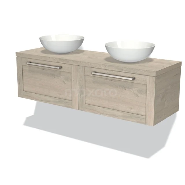 Wooden bathroom unit with two white countertop wash basins, hanging design, spacious drawers with metal handles, perfect for modern bathrooms.