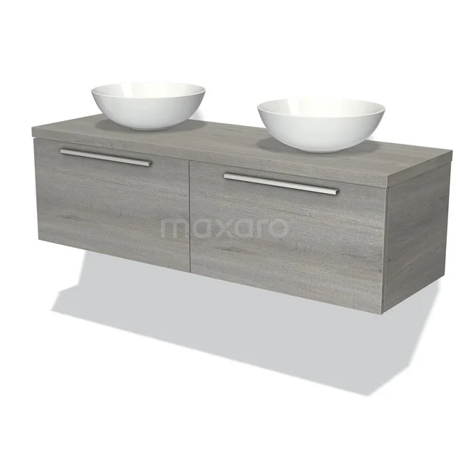 Grau Holz Badmöbel mit zwei Waschbecken, modernes Design und stilvolle Schubladen.