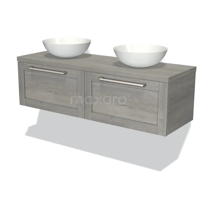 Grey wooden Bathroom unit with two surface-mounted vanity units for countertop wash basins, modern drawers and chrome handles, perfect for a stylish bathroom.