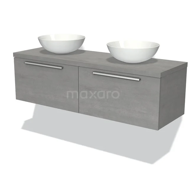 Modulo Plato Badmöbel mit Aufsatzwaschbecken | 140 cm Hellgrauer Beton Flach front Hellgrauer Beton blatt 2 nebeneinanderliegende Schubladen BMK12-00053 Graues Holz Badezimmermöbel mit zwei weißen, schalenförmigen Waschbecken, modernem Stil und Edelstahl Haltegriffen.