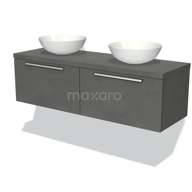 Modulo Plato Badmöbel mit Aufsatzwaschbecken | 140 cm Dunkelgrauer Beton Flach front Dunkelgrauer Beton blatt 2 nebeneinanderliegende Schubladen BMK12-00054 Breites graues hängendes Badezimmermöbel mit zwei weißen Waschbecken, modernes Design und metallischen Haltegriffen, ideal für geräumige Bäder.