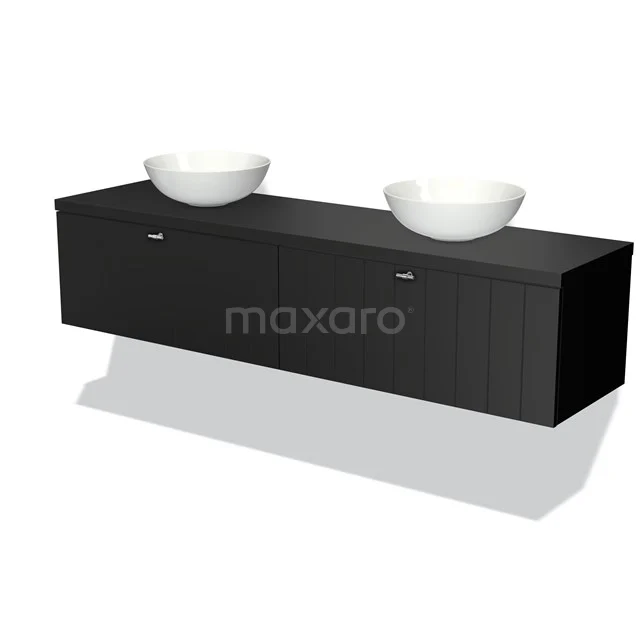 Black double vanity unit with two white ceramic countertop wash basins, sleek design ideal for modern bathrooms.
