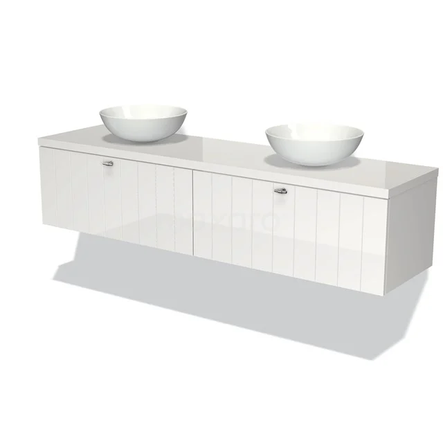 Weißes schwebendes Badezimmermöbel mit doppelten Aufsatzwaschbecken, schnittiges Design, zwei Schubladen und Hochglanzoberfläche.