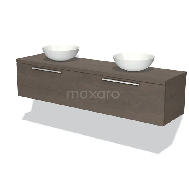 Modern bathroom furniture set with dark wood finish, two white countertop basins and stylish chrome handles.
