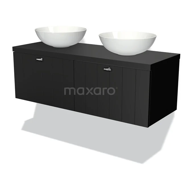 Schwarz schwebendes Badmöbel mit doppeltem Aufsatzwaschbecken, minimalistisches Design und matte Oberfläche, ideal für moderne Bäder.