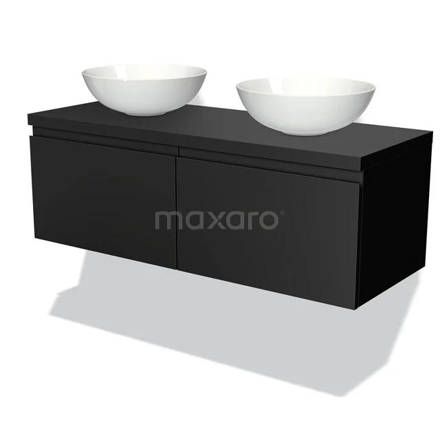 Waschtischunterschrank mit Konsole 120cm Modulo Plato Matt Schwarz 2 Schubladen Grifflos BMK12-00071 Schwarze Badmöbelset mit Doppelwaschbecken, elegantes Design, Wandmontage, ideal für moderne Bäder.