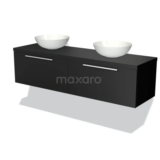 Schwarzes schwebendes Badezimmermöbel mit doppelten weißen Aufsatzwaschbecken, elegantes Design, ideal für modernes Badezimmer.