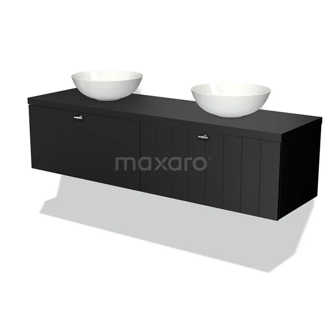 Schwarzes hängendes Badmöbelset mit zwei weißen Aufsatzwaschbecken, modernes Design, ideal für moderne Bäder.