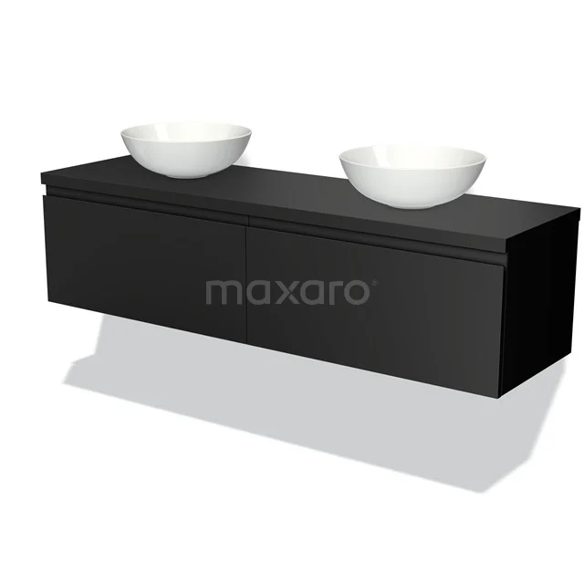 Schwarzer schwebender Badschrank mit zwei keramischen Aufsatzwaschbecken, modernem Designstil und glatter Oberfläche.