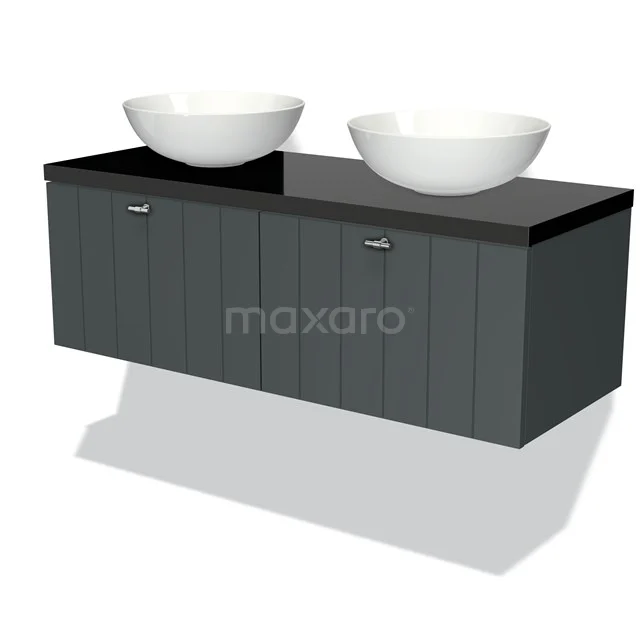 Graue Badmöbelset mit Doppelwaschbecken, schwarzer Glasplatte, Holzoptik-Finish und modernem Stauraum.