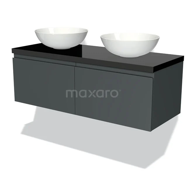 Waschtischunterschrank mit Konsole 120cm Modulo Plato Hochglanz Schwarz 2 Schubladen Grifflos BMK12-00077 Moderne schwarze Badmöbelset mit Glasplatte und doppelten weißen schalenförmigen Waschbecken, ideal für ein stilvolles Badezimmer.
