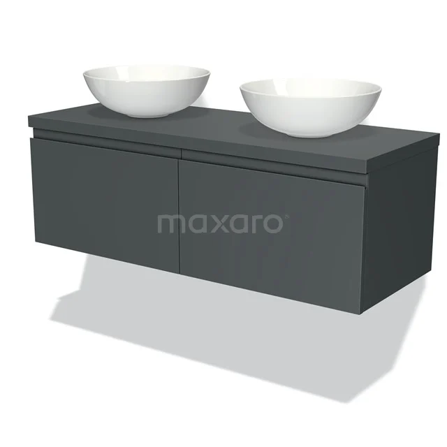 Waschtischunterschrank mit Konsole 120cm Modulo Plato Dunkelgrau 2 Schubladen Grifflos BMK12-00080 Schwebendes dunkelgraues Waschtisch mit zwei runden weißen Aufsatzwaschbecken, modernes Design für luxuriöse Badezimmerinterieur.