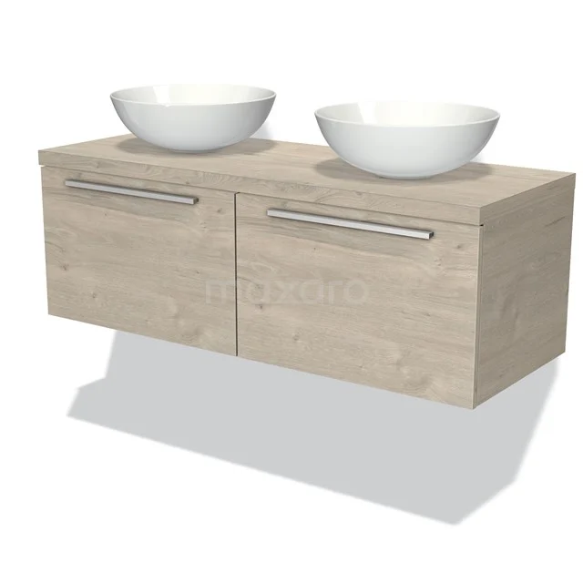 Modulo Plato Badmöbel mit Aufsatzwaschbecken | 120 cm Hellgraue Eiche Flach front Hellgraue Eiche blatt 2 nebeneinanderliegende Schubladen BMK12-00081 Holz Badezimmermöbel mit zwei Waschbecken, schwebendes Design, Eiche Look, ideal für moderne Badezimmer Einrichtungsstile.