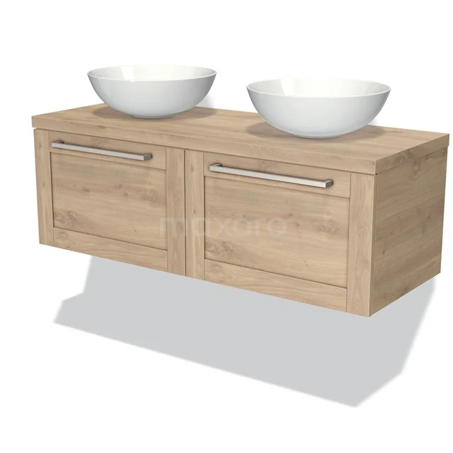Modulo Plato Vanity units for countertop basin | 120 cm Light brown oak Frame front Light brown oak worktop 2 Side-by-side drawers BMK12-00086 Wooden bathroom unit with light Oak finish, two soft-close drawers and double porcelain countertop wash basins.