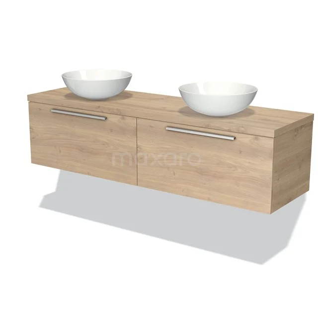 Holz Badezimmermöbel mit doppelten weißen Aufsatzwaschbecken, schwebendes Design, moderne Ausstrahlung und integrierten Haltegriffen.