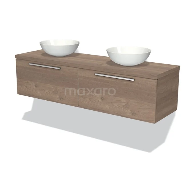 Waschtischunterschrank mit Konsole 160cm Modulo Plato Mittelbraune Eiche 2 Schubladen Flach BMK12-00091 Badezimmermöbel Holzoptik mit Doppelwaschbecken, hängendes Design, weißen keramischen Schalen und metallischen Haltegriffen.