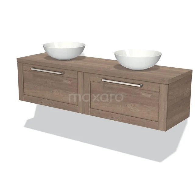 Modulo Plato Badmöbel mit Aufsatzwaschbecken | 160 cm Mittelbraune Eiche Rahmen front Mittelbraune Eiche blatt 2 nebeneinanderliegende Schubladen BMK12-00092 Holz Badezimmermöbel mit zwei weißen Waschbecken, Wandmontage und modernen Schubladen, ideal für eine stilvolle Badezimmer Einrichtung.