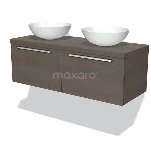 Waschtischunterschrank mit Konsole 120cm Modulo Plato dunkelbraune Eiche 2 Schubladen Flach BMK12-00093 Dunkelbraunes hängendes Badmöbelset mit zwei weißen Aufsatzwaschbecken, moderne Ausstrahlung, ideal für stilvolle Badezimmergestaltung.