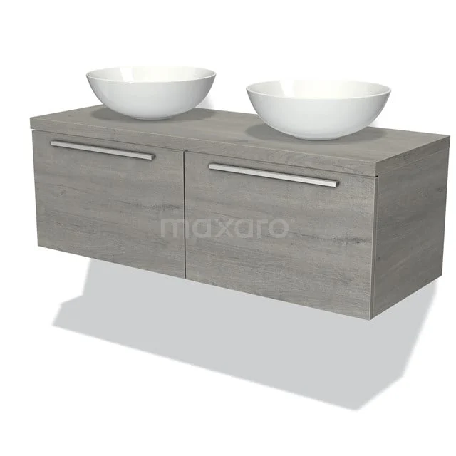 Graues Holz Badezimmermöbel mit 2 weißen Waschbecken, modernes Aussehen und geräumigen Schubladen, ideal für jedes Badezimmer.