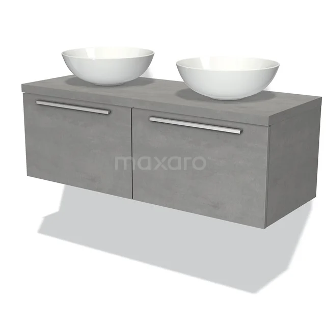 Grau hängendes Badmöbel mit Betonlook, doppelte Schubladenschränke und zwei weißen runden Waschbecken für modernen Stil.