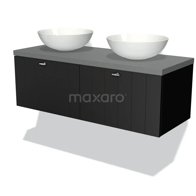 Modulo Plato Badmöbel mit Aufsatzwaschbecken | 120 cm Matt Schwarz Lamelle front Mittelgrau blatt 2 nebeneinanderliegende Schubladen BMK12-00102 Moderne schwarze Waschtischset mit zwei runden weißen Aufsatzwaschbecken, mattem grauem Platte und minimalistischem Badezimmerdesign.