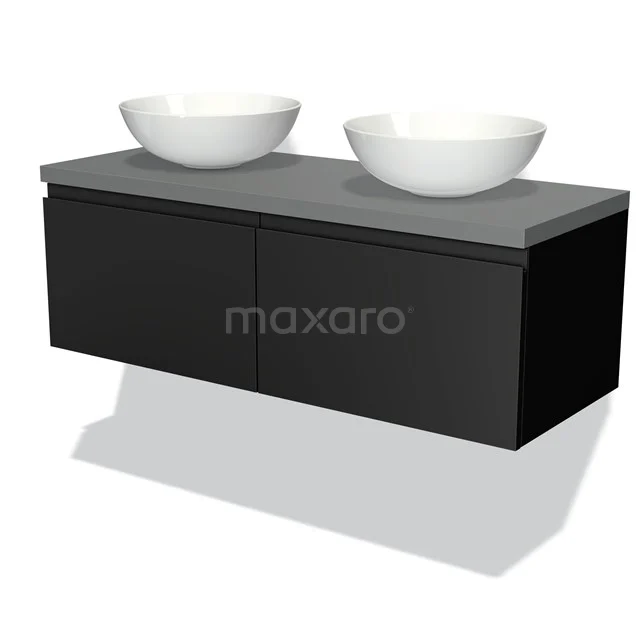 Badmöbelunterschrank mit Konsole 120cm Modulo Plato Matt Schwarz 2 Schubladen Grifflos Mittelgrau Platte BMK12-00103 Schwarz hängendes Badezimmermöbel, Doppelwaschbecken, matte graue Platte, modernes Design, ideal für ein geräumiges Badezimmer.