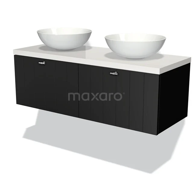 Modulo Plato Vanity units for countertop basin | 120 cm Matte black Slat front High-gloss white worktop 2 Side-by-side drawers BMK12-00105 Black floating bathroom furniture set with double basins made of ceramic, minimalist design and glossy finish.